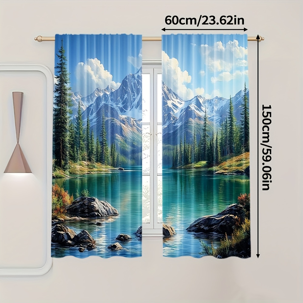 TEMU Lot de 2 rideaux à motif montagne et , tissu en polyester, filtrant , design avec poche pour tringle, art paysage serein pour chambre, salle de