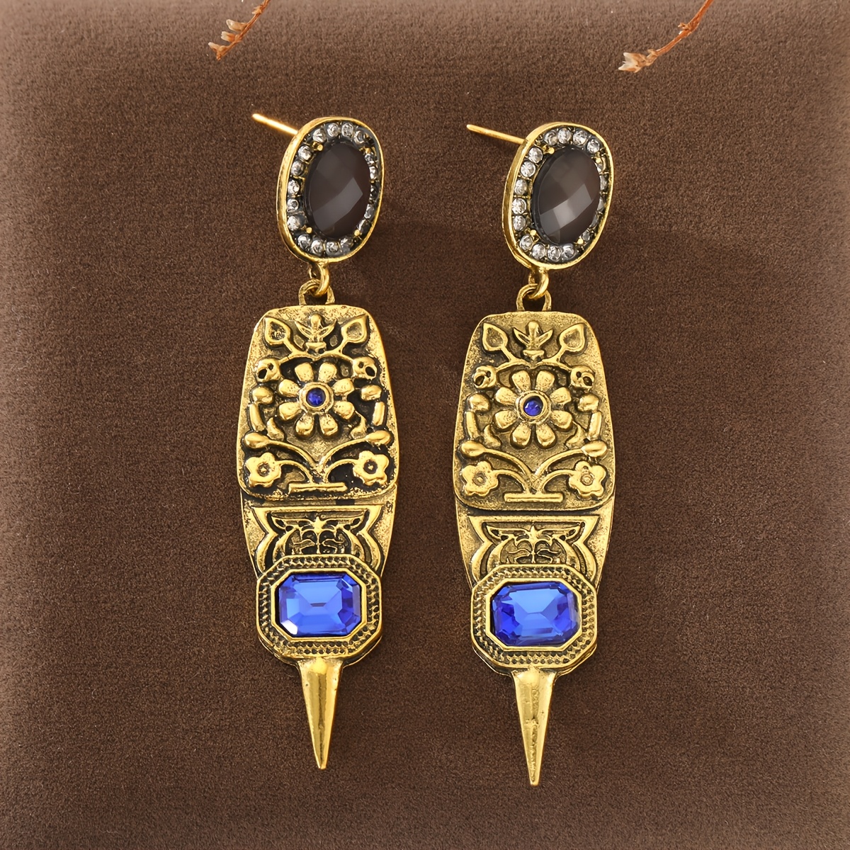 TEMU Vintage-style Embossed Floral Long Black And Gray Main Stone Contrast-color Blue Synthetic Synthetic Zirconia Women's Earrings, Suitable For
