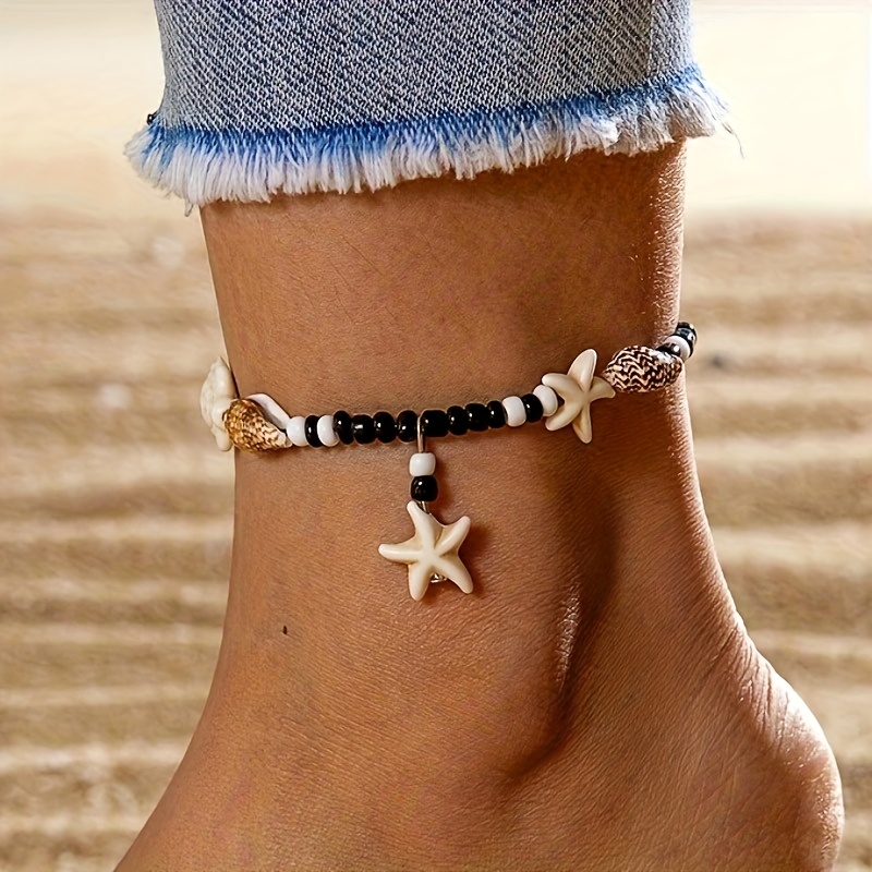 1pc Bohemian Resin Starfish Black And Bead Beaded Small Turtle Anklet, Suitable For Women's Prom Parties And Gatherings, A Gift For