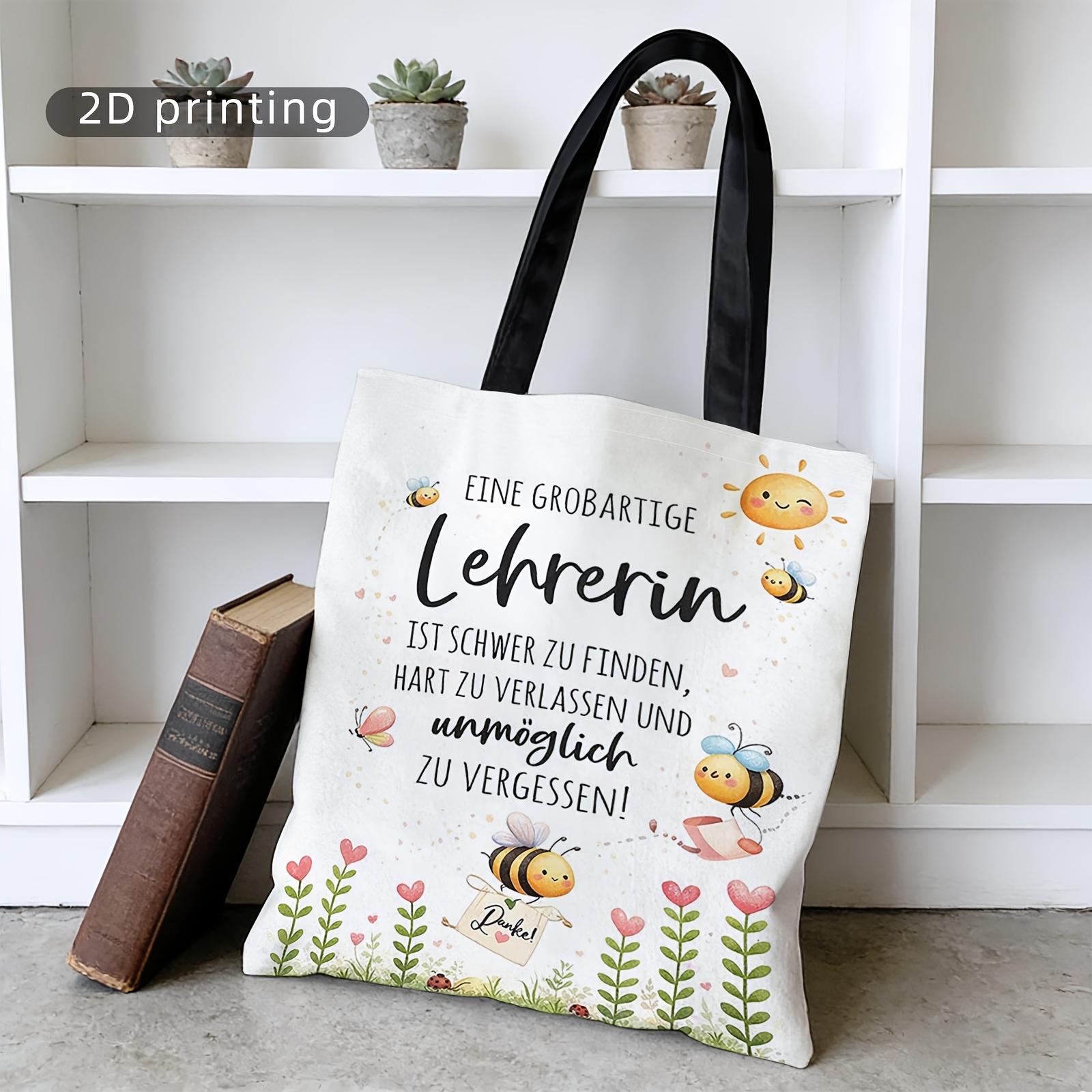 TEMU 1pc Pattern Print Women's Small Handbag, Large Capacity Shoulder Bag, Shopping Bag, Bag, Precious Teacher Gift, Keepsake, German Quote, Cute Bee