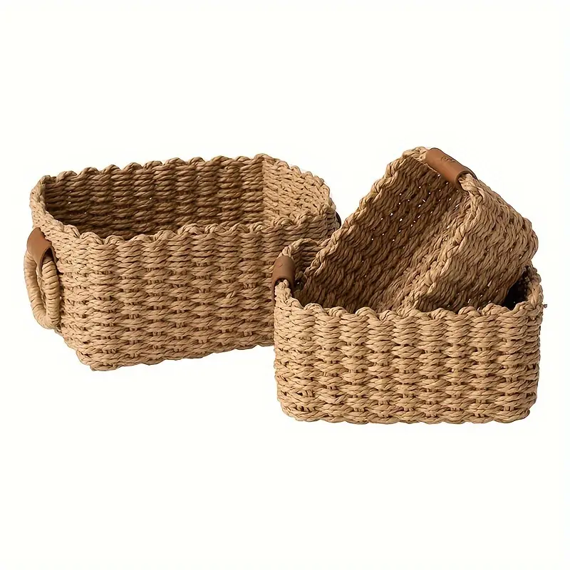 set of 3 woven paper rope storage organizer bins multi purpose baskets for shelves cupboards desk organization no electricity needed Product details 1