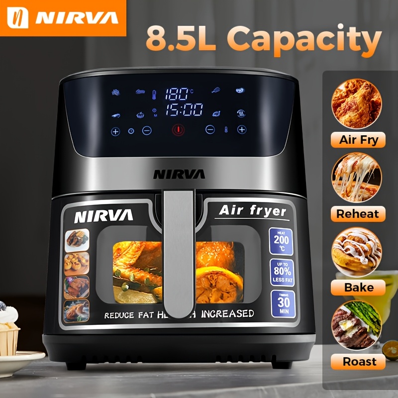 Image of Large Capacity Air Fryer: Multi-person Meals, Family Gatherings. Smart Menus, . , 360° Hot Air, 80% Less Fat. . Sleek Silver-black, Enhances Kitchen