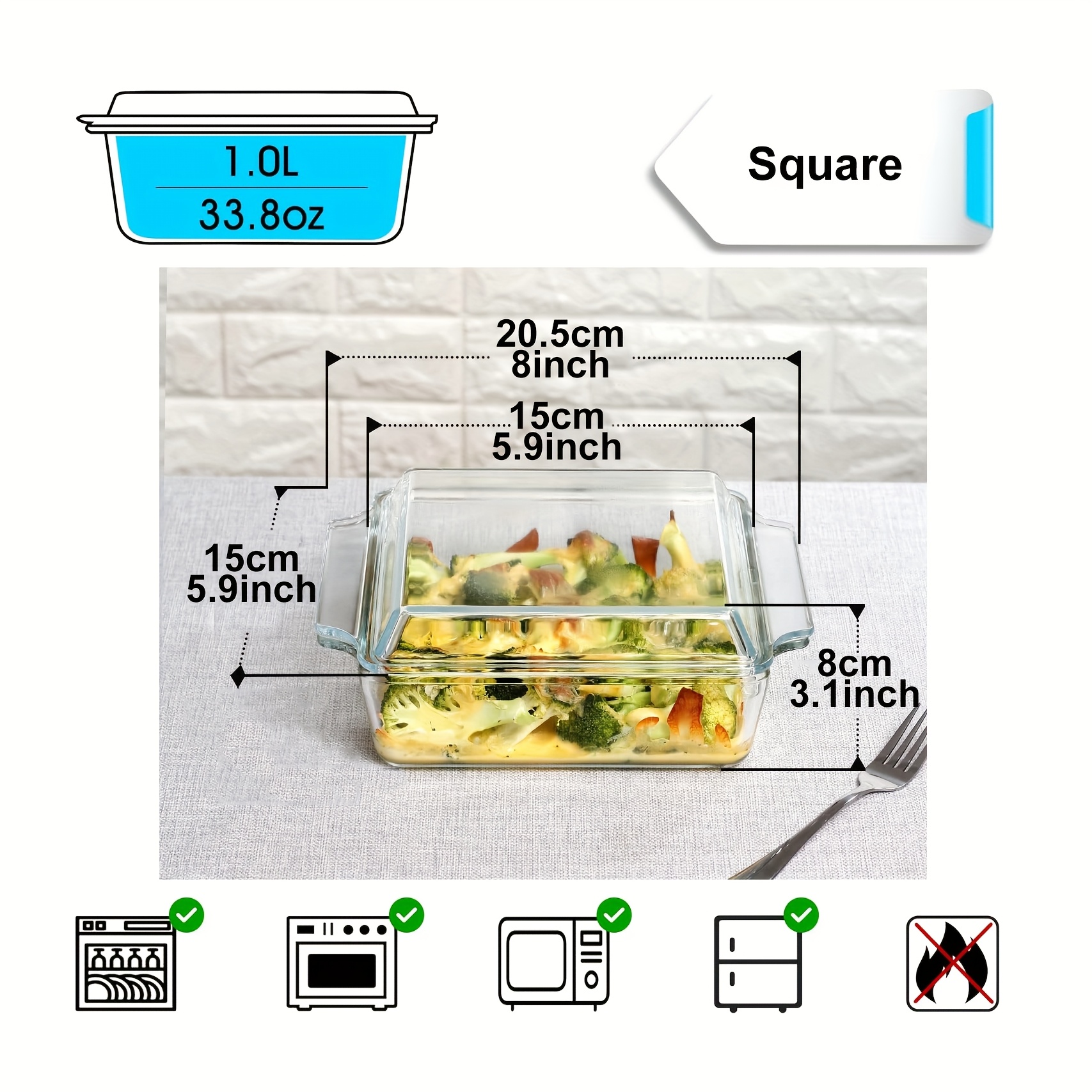 Mini(1L) Baking Dish Square Casserole Baking Dishes with Glass Cover Glass  Casserole Dish with Lid Baking Dish Glass Baking Pan for Baking