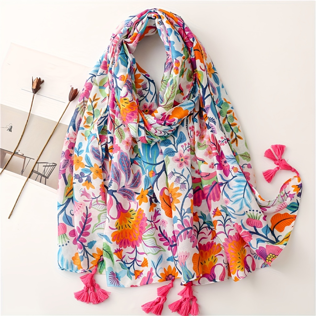 

Colorful Flower Print Scarf Thin Breathable Cotton Linen Feeling Shawl With Tassel Boho Style Spring Summer Windproof Sunscreen Travel Scarf For Women