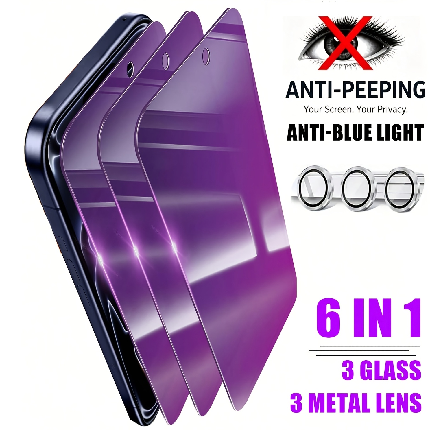 TEMU [6 en 1] 3 protections d'écran anti-lumière bleue et 3 lentilles en métal argenté pour Iphone 18 Pro Max/18 Pro/17 Pro