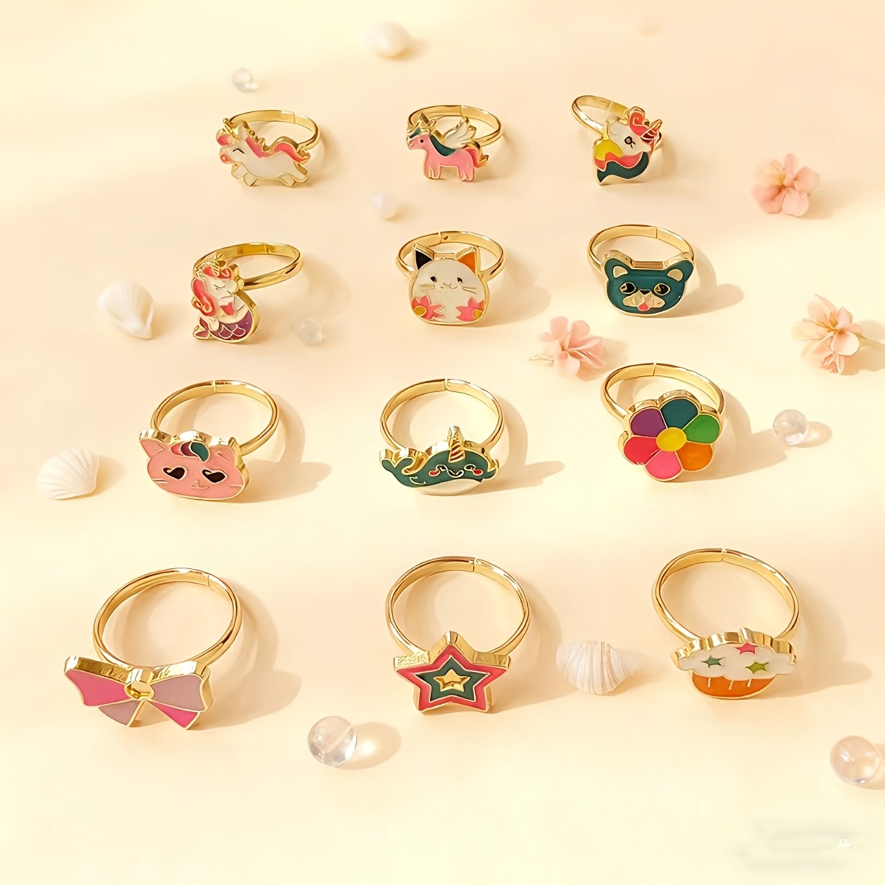 12pcs Girls' Adjustable Animal Style Rings Set