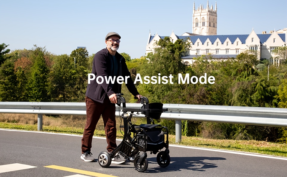 walker with seat transport wheelchair heavy duty heavy duty foldable electric mobility aid with power   motion tip stability   for post surgery indoor use ac   system lightweight rollator walker combo with e pushing transport wheelchair Product details 5