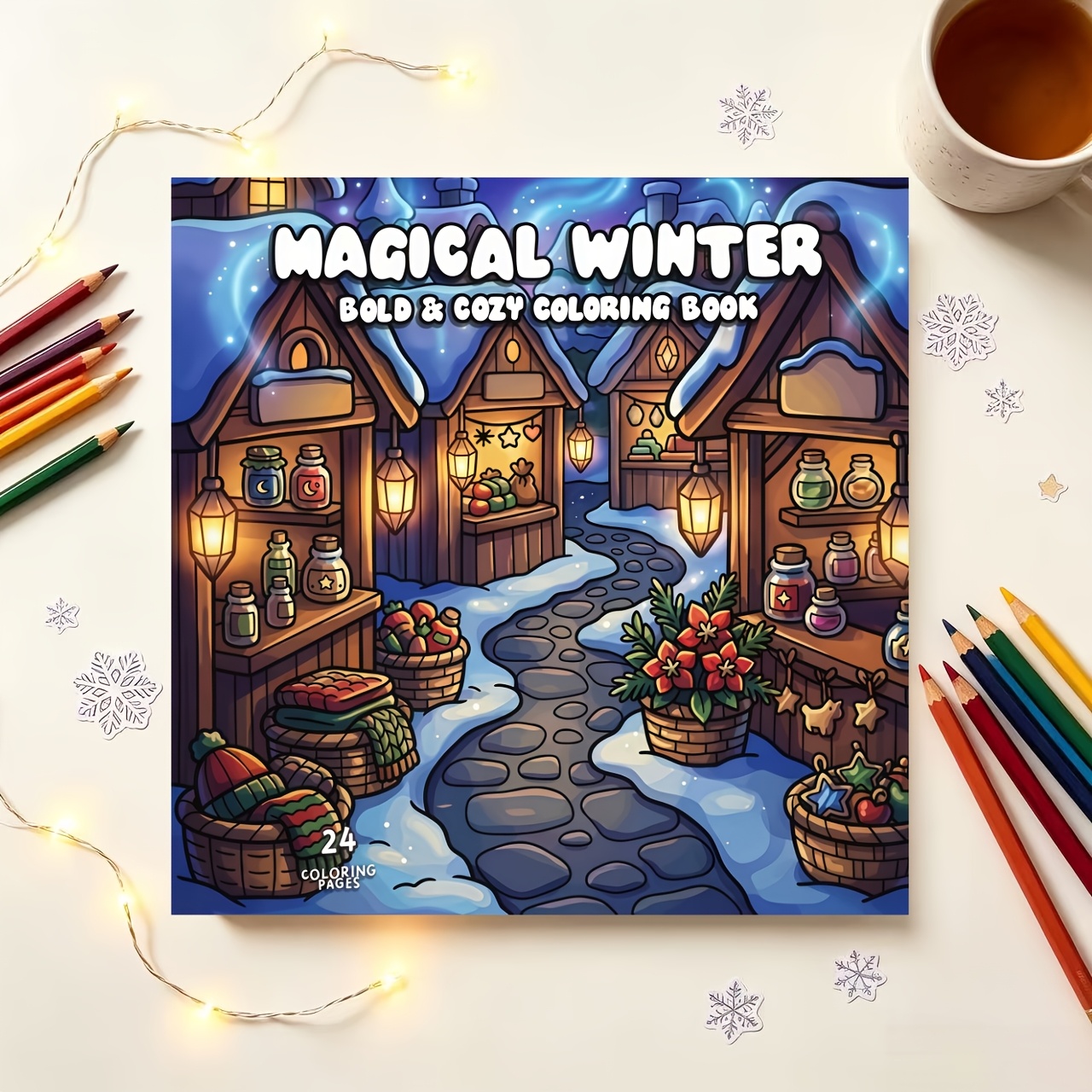 TEMU 1pc Cozy Winter Coloring Book, 24 Pages Single-sided Design, Featuring Christmas Decorations, Village Buildings, Magical Winter Scenery, Ideal