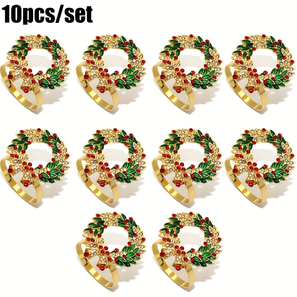 10pcs Set Of Exquisite Christmas Painted Wreath Bell Napkin Rings, Festive Table Decor For Christmas, Hotel Decoration