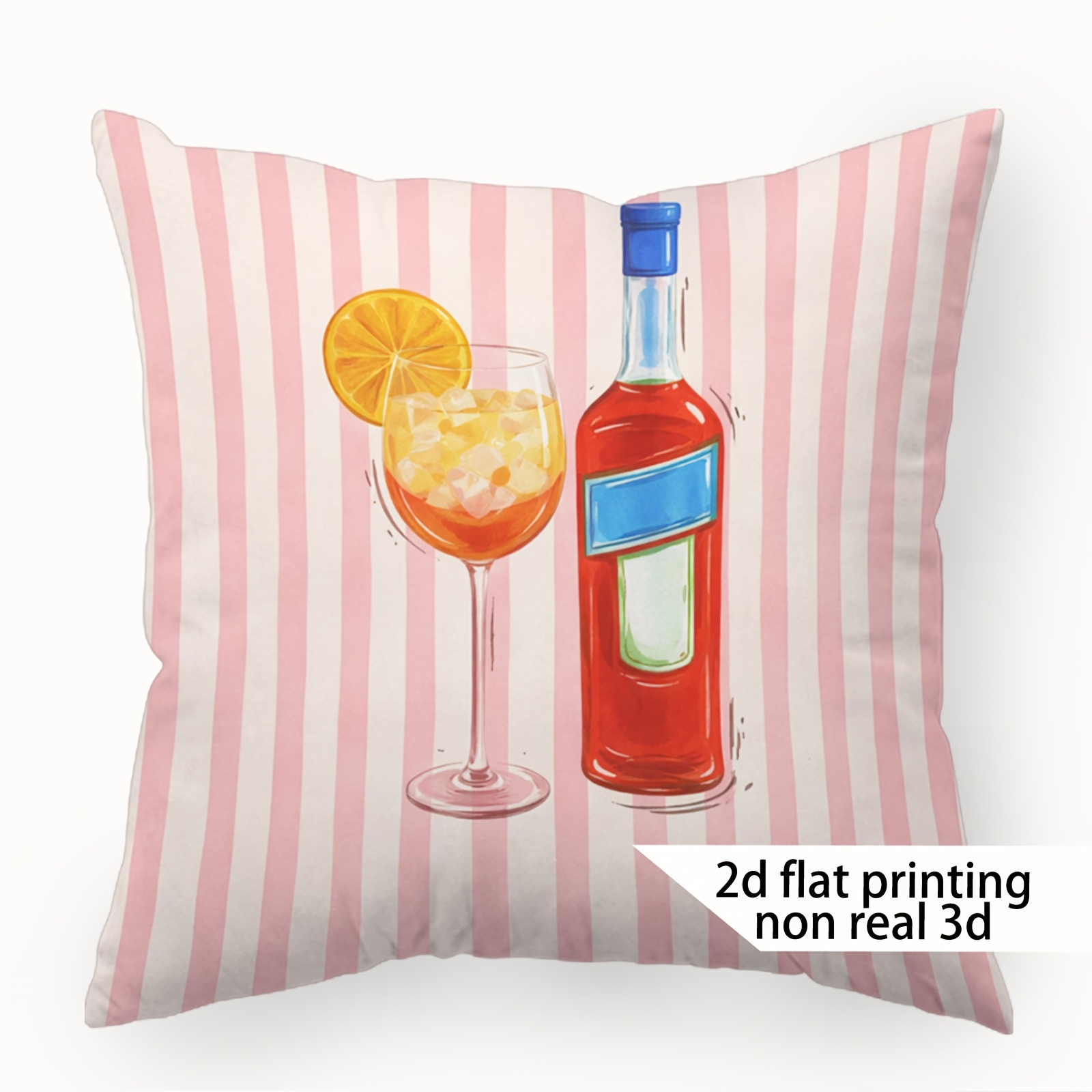 E-shop 2D Flachdruck | 1 Stück | Sommerlich Frischer Casual Stil Kissenbezug | Rosa und Weiße Streifen, Cocktail- und Flaschendesign | 18X18 Zoll |