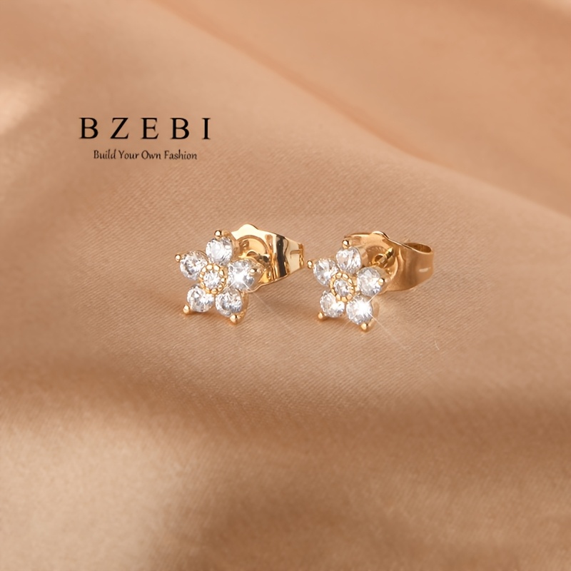 CZ Flower Stud Earrings Hypoallergenic 18K Golden Plated
