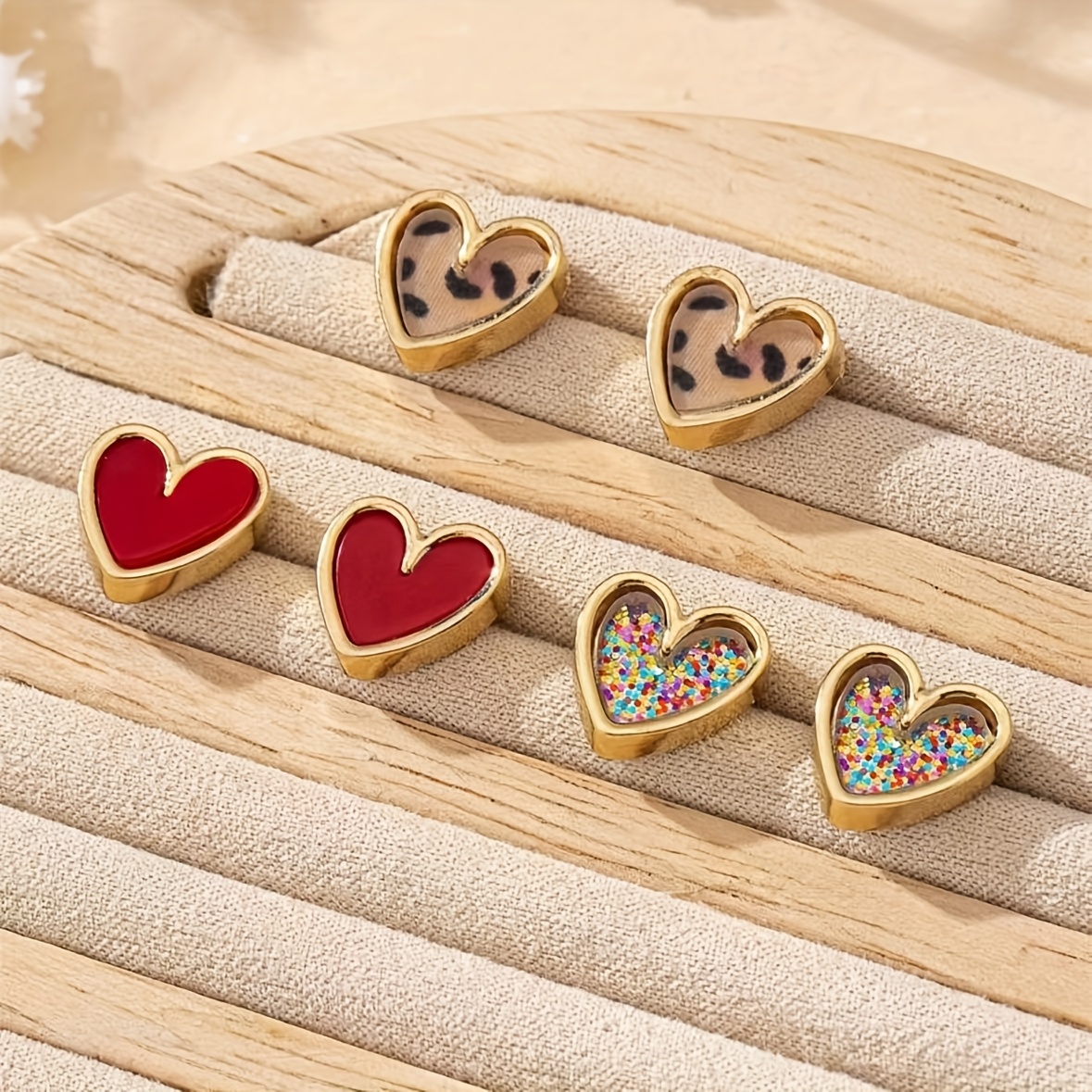 6pcs/set Fashion Easy Individual All-match Colorful Leopard Print Mixed Heart Stud Earrings Set