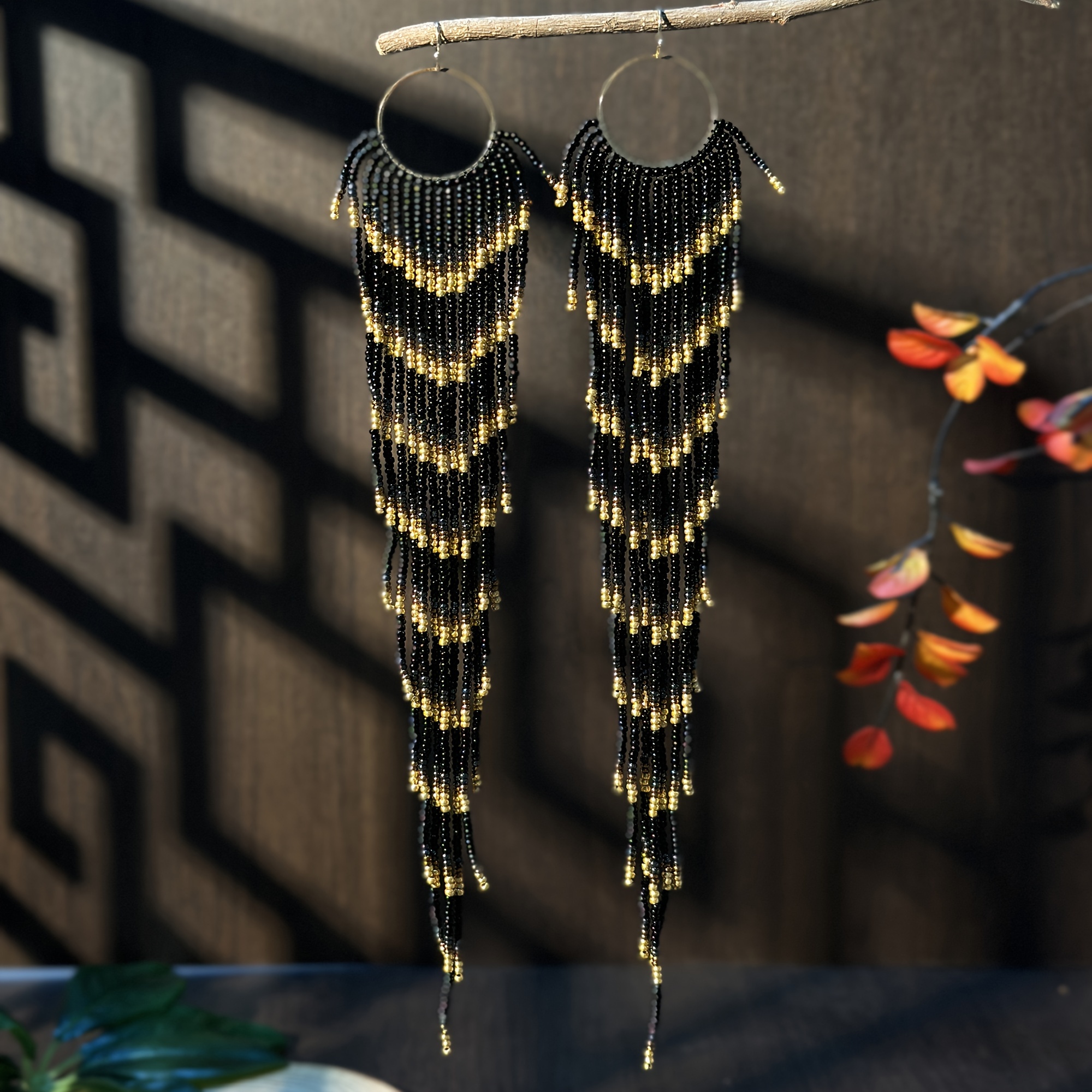 

Vintage Boho Long Beaded Tassel Earrings, Glass Seed Beads, No Plating, Resin Ear Needle, For Daily & Party Wear, All - Synthetic Stone, No Mosaic Material