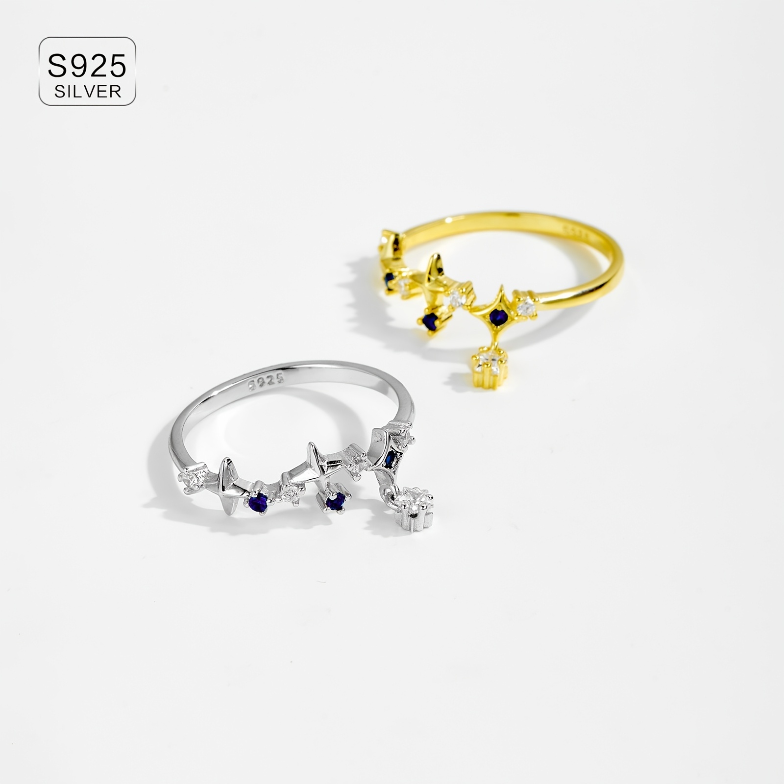 925 Silver Opening Ring Adjustable Size 18k Gold Plated Zirconia Accents