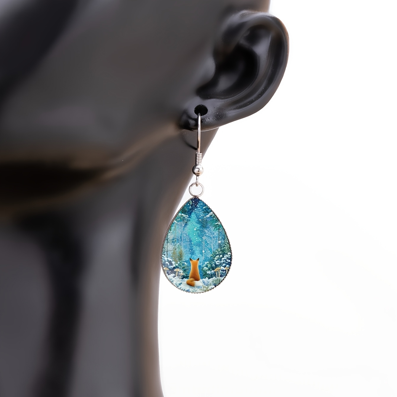 Winter Snowy Forest Red Fox Pattern Teardrop Earrings