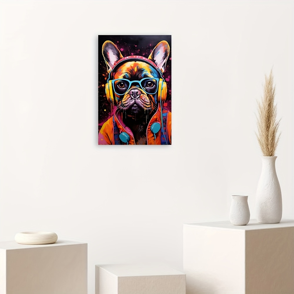 Graffiti Wall Art, Frameless Canvas Print, Music-Listening Dog with Glasses  and Headphones, Vibrant Pet-Themed Decor, Medium Size Wall Decor Poster fo