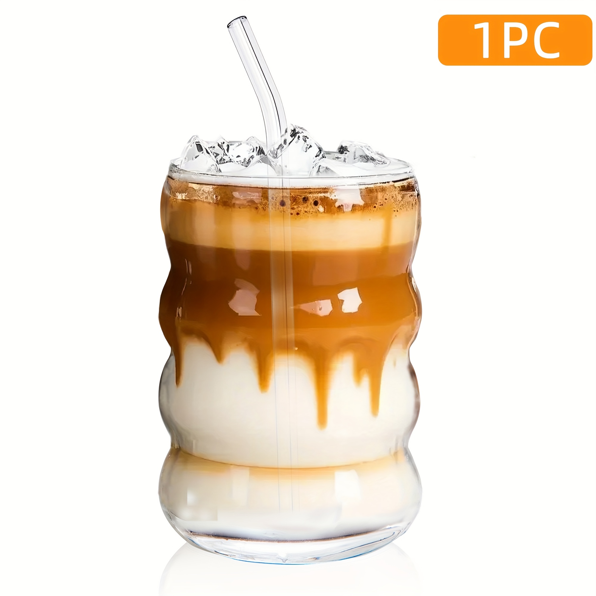 E-shop Entzückende Gerippte Glasbecher mit Strohhalm, 16oz Wellenform Glasware für Eiskaffee, Latte, Wasser, Matcha, Saft – Einzigartige Trinkgläser,