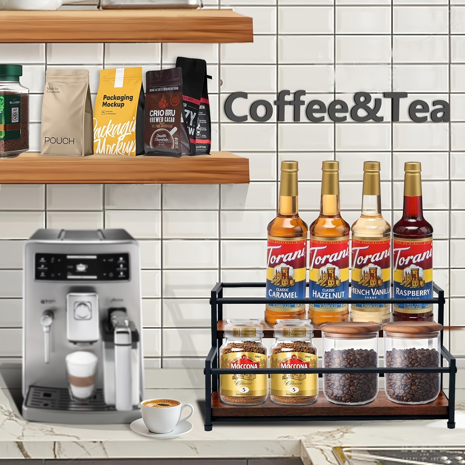 2-Tier Kitchen Storage Rack with Wooden Base, Space-Saving Spice Shelf