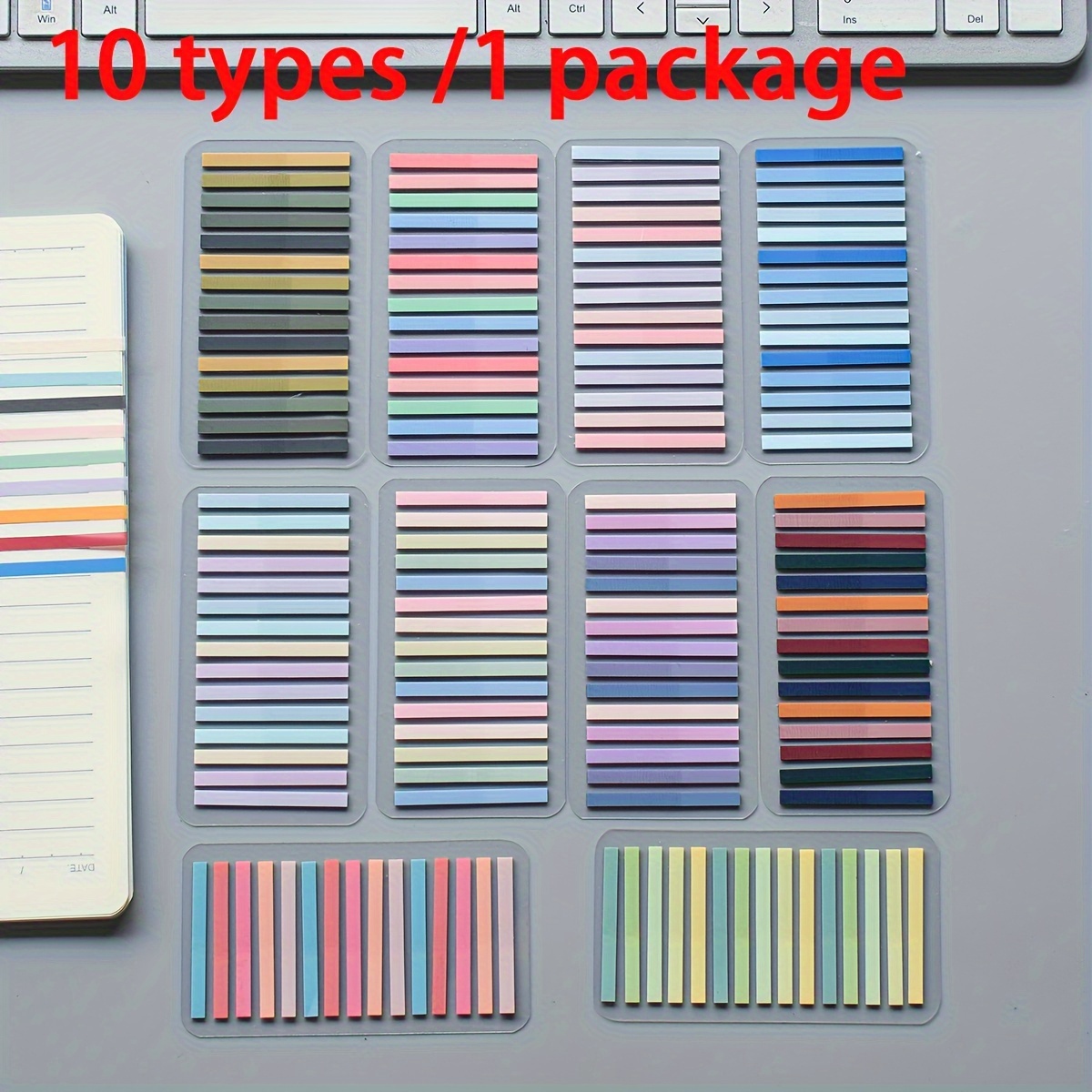 Image of 1 Pack Of 10 Styles, 300 Sheets Per Style, Total 3000 Sheets Of Ultra-thin Transparent Sticky Notes, Fluorescent Index Tabs, Colored Pet Sticky Notes, Ins-style Highlighting