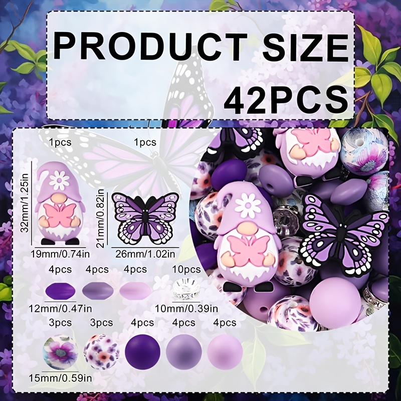 E-shop 42-teiliges Set mit niedlichen 3D-lila Schmetterling-Cartoon-Silikonperlen, modisches Design, Perlen für Schmuckherstellung, ideal für