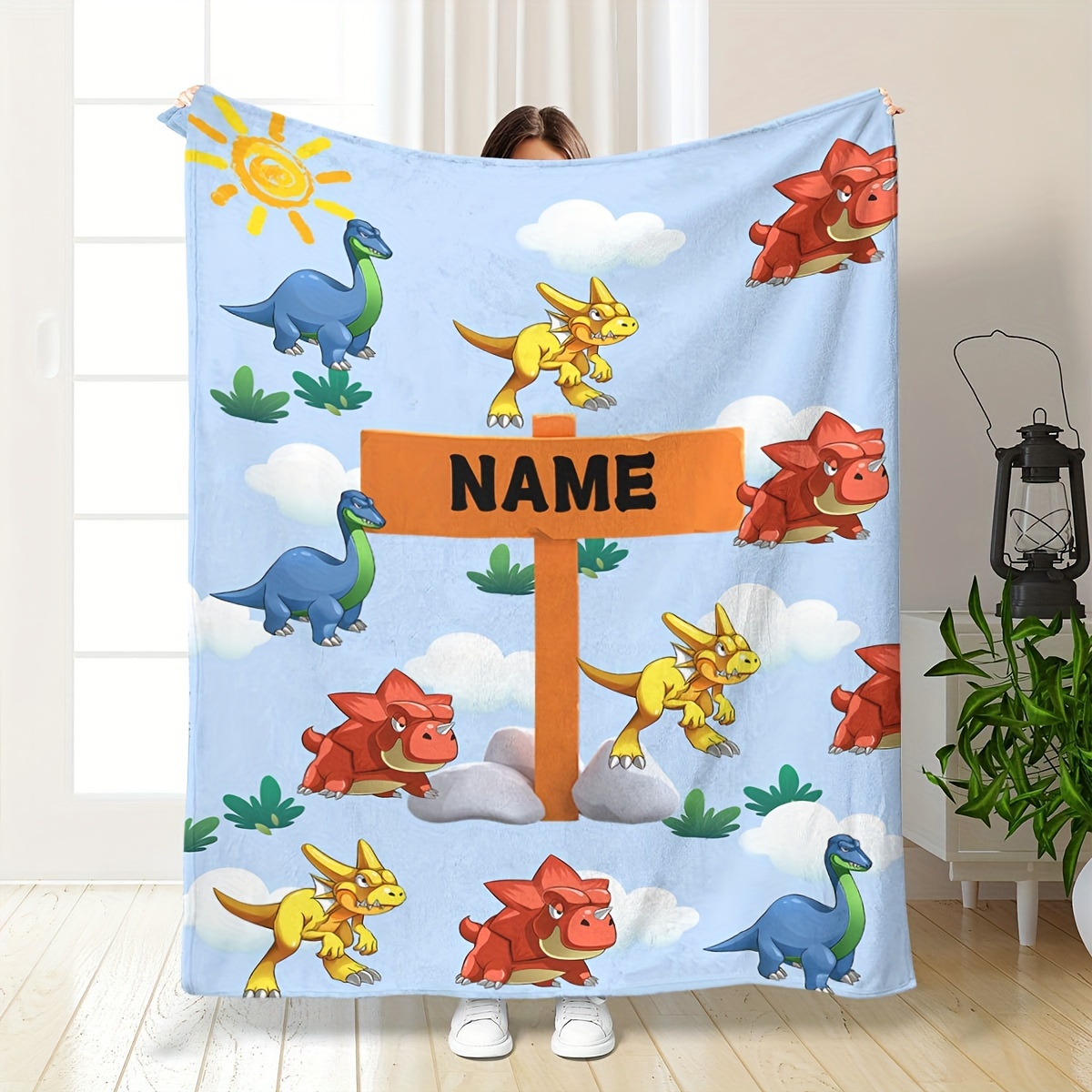 

1pc Name Customized Dinosaur Pattern Blanket Towel, Multifunctional Sofa Blanket, Ideal Gift