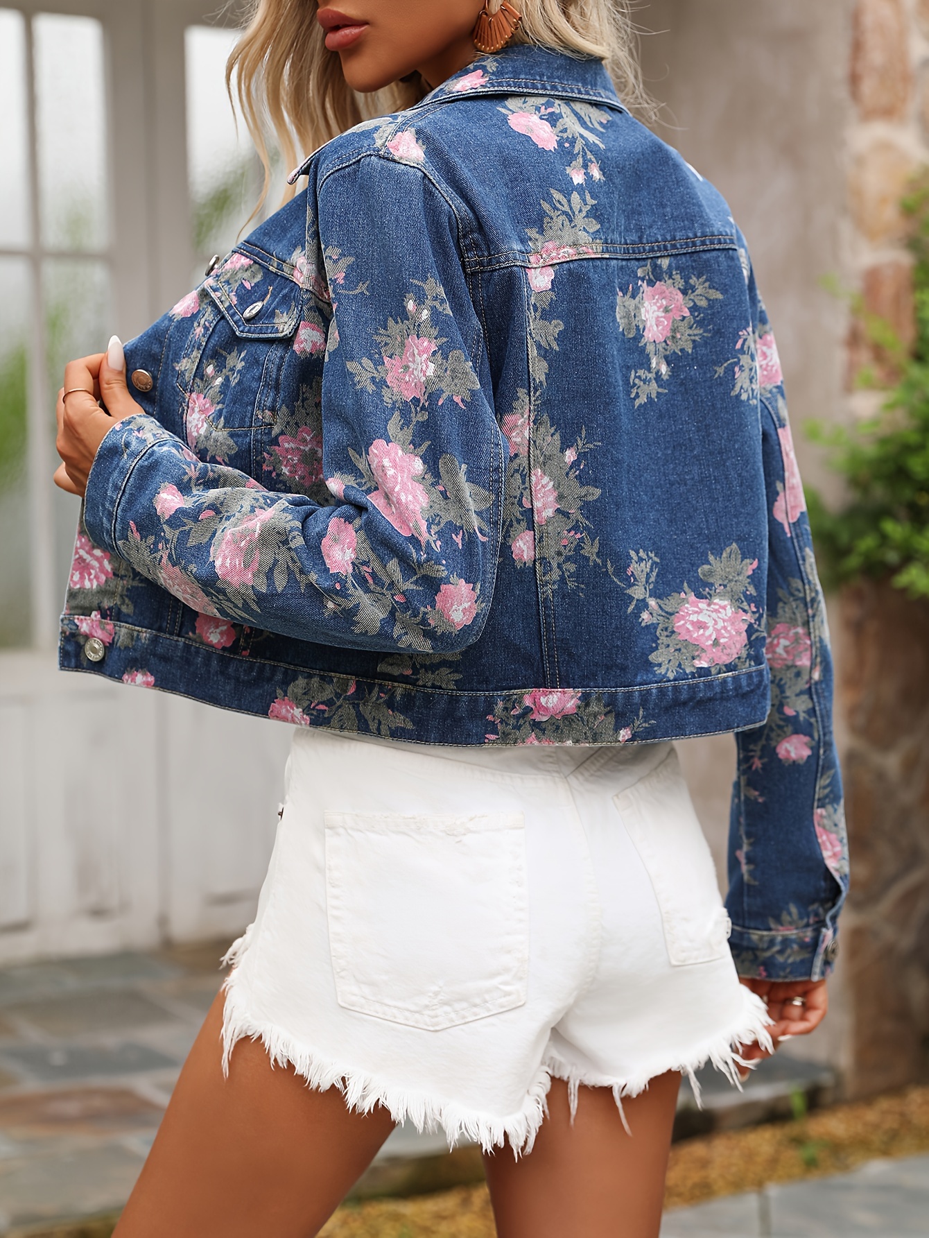 elegant floral printed denim jacket women lapel collar Temu