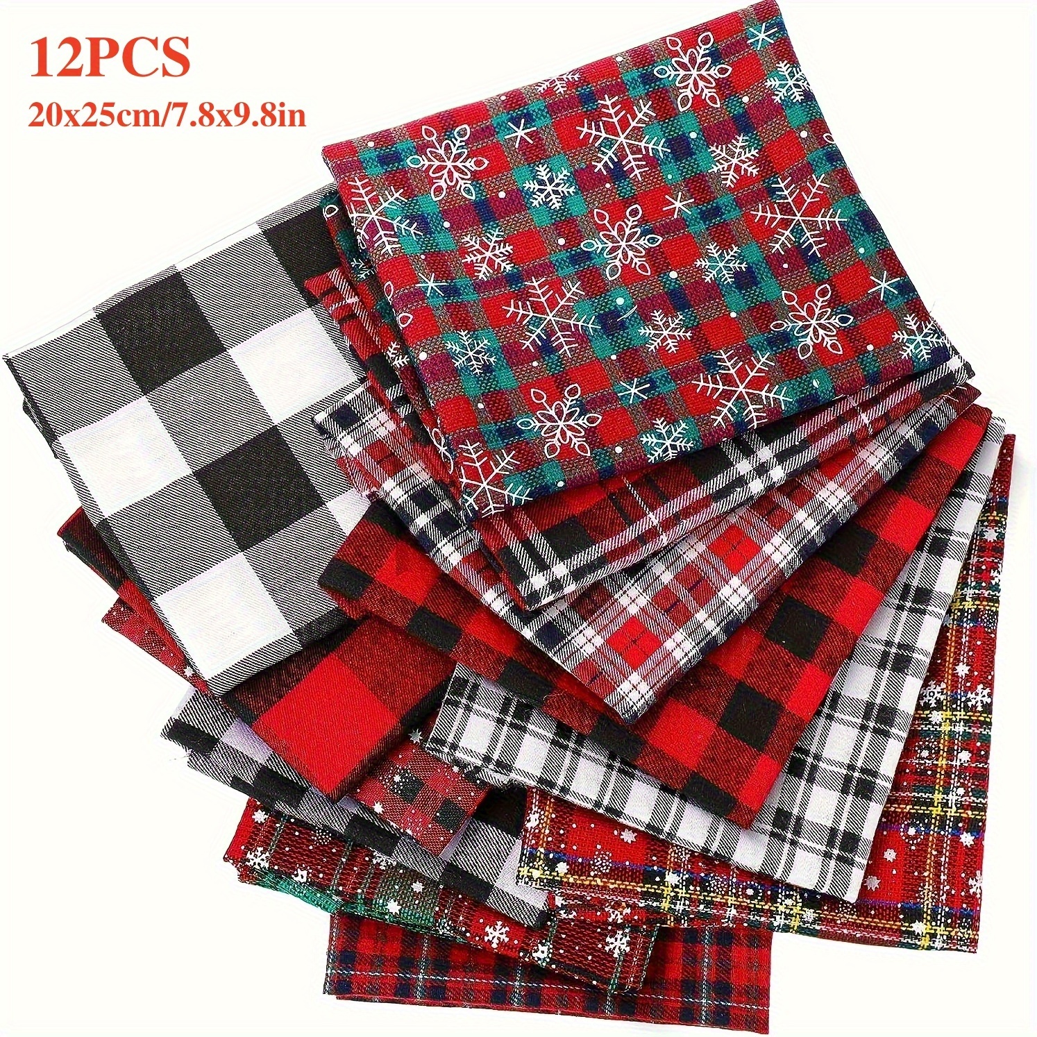 TEMU 12pcs Snowflake Plaid Fabric Set, Size 20x25cm/7.8x9.8in, Pre-cut Fabric, Vibrant Classic Plaid And Snowflake Combination, High-quality Colored