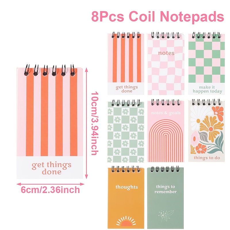 E-shop 8 Stück, Party-Packs, Spiral-Notizblöcke mit Frühlingsthema, gemischte Verpackung mit Streifen-, Karo- Blumendesign, 6*10cm,