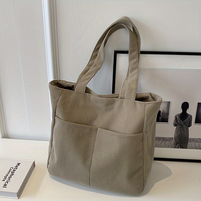 Image of Fashion Corduroy Tote Bag Casual Solid Color Handbag Women's Lightweight Shoulder Bag Daily Commuter Bag Bag