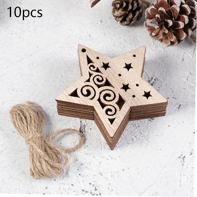 TEMU 10pcs Christmas Decorative Wooden Ornaments, Star Pattern Wooden Artwork, Holiday Decorative Hanging Ornaments, Diy Handmade Art Christmas Tree