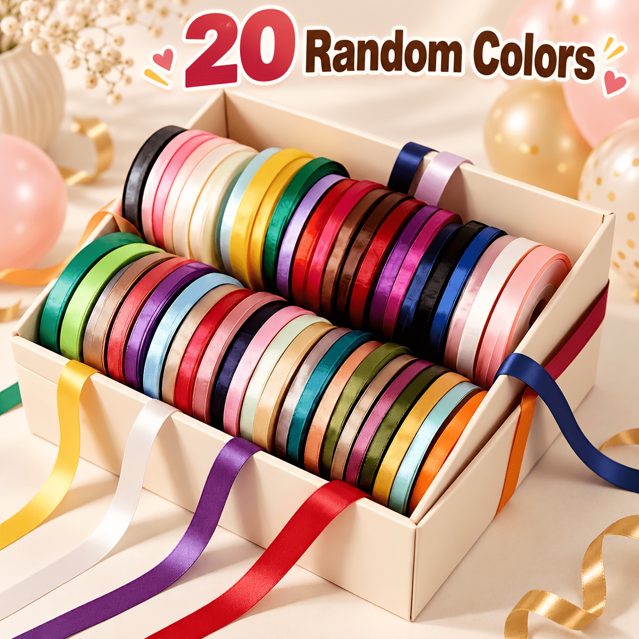 TEMU Set da 20 nastri in raso di casuale, set di nastri colorati fai da te per confezioni regalo, creazione di fiocchi, decorazioni per matrimoni,