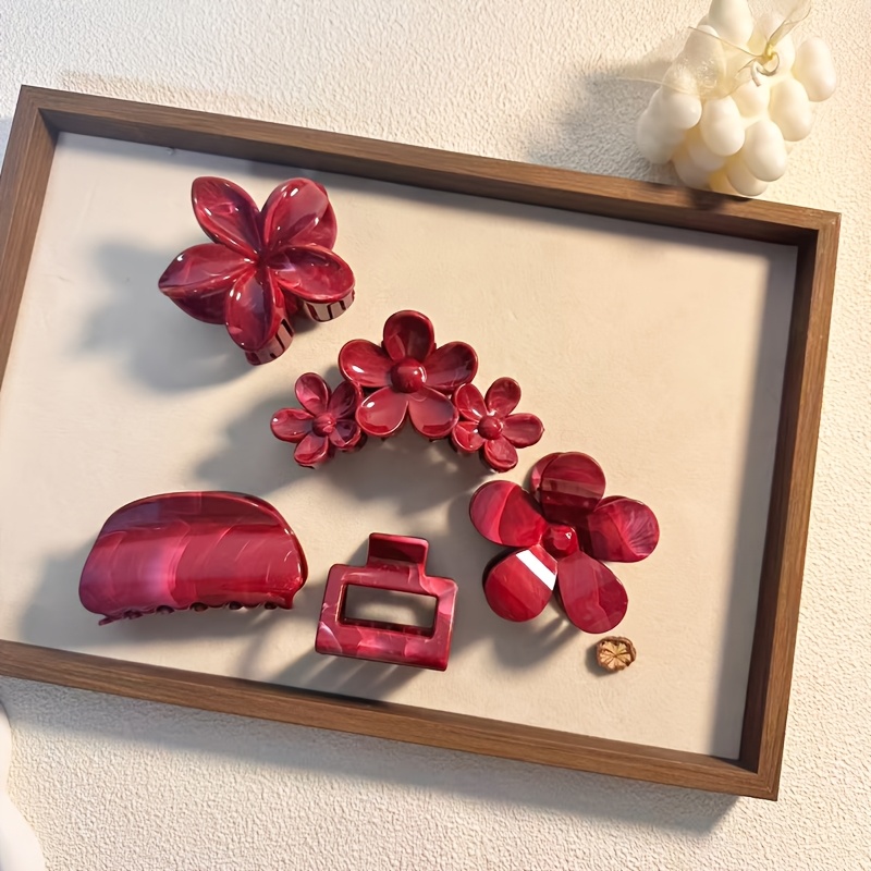 TEMU 5pcs Rose Red Hair Claw Clips Suitable For Women, Elegant Minimalist Flower Shark Clips With Back Of Head, Medium Flower-shaped Hair Accessories