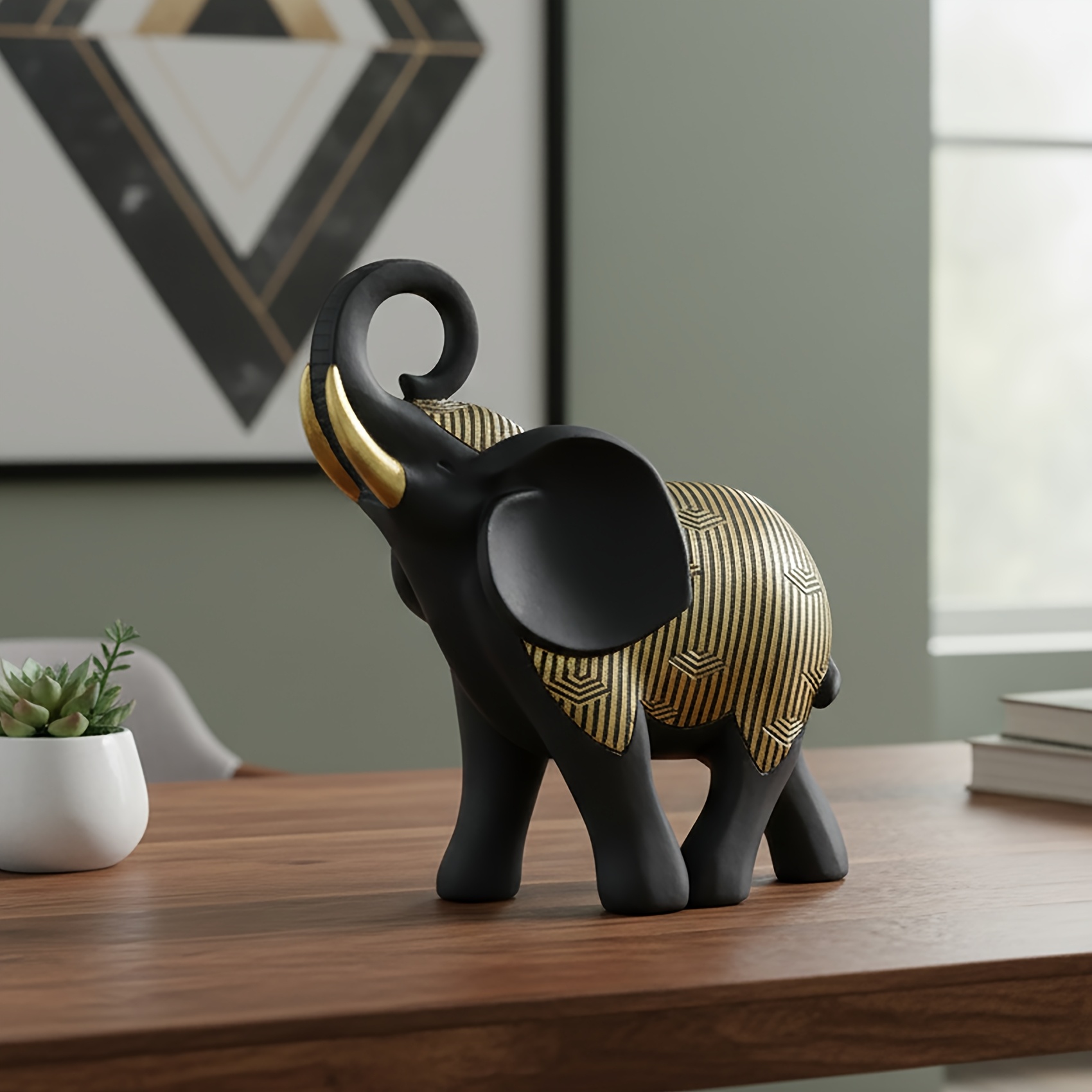 Golden Striped Black Elephant Figurine - Modern Resin Decor