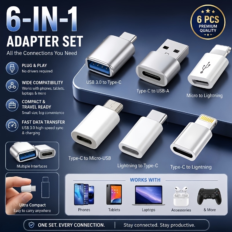 TEMU Usb Otg Adapter Set, Suitable For Iphone/ipad/android Type-c Interface Fast Charging Data Transmission Universal Converter For Phones And