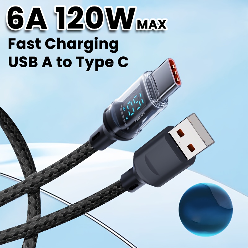 Ultra Durable 6A 120W MAX Fast Charging Cable with Real-Time Digital Display, USB A to USB C Charger Cord, Quick Charge Support for iPhone, Android, Samsung and More C Ports Devices.