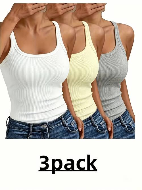 item picture 3pcs simple solid ribbed sleeveless tops fit casual tank tops for everyday use