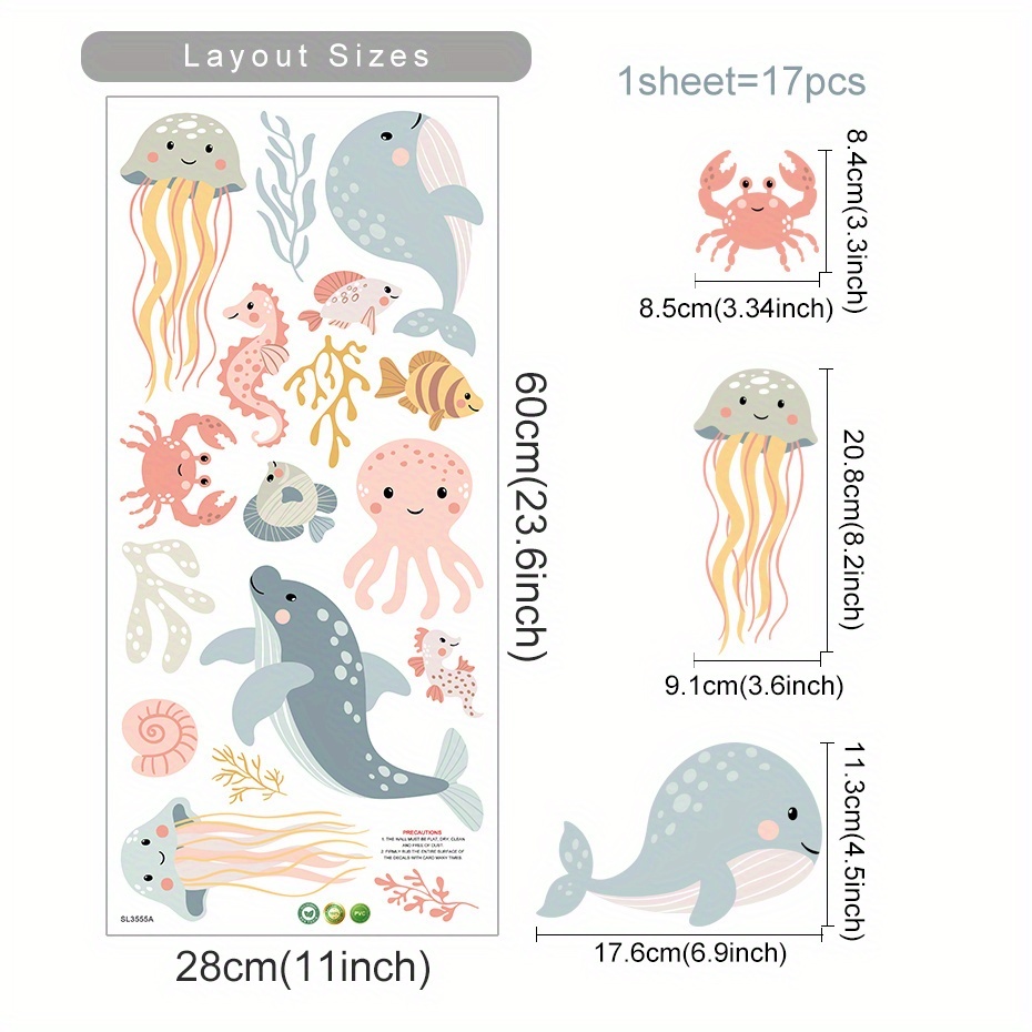 1pc Watercolor Cartoon Animal Wall Sticker Living Room Bedroom Sea Life Beach Landscape Wall Decal Home Decor Self Adhesive