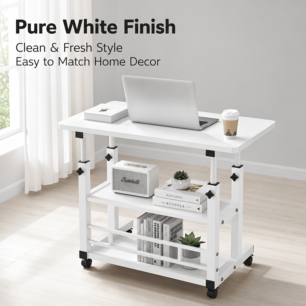 TEMU Space-saving Height Adjustable Mobile Computer Desk, Rolling Bedside Side Table With Storage Shelves, Portable Laptop Desk Cart For Home Office,