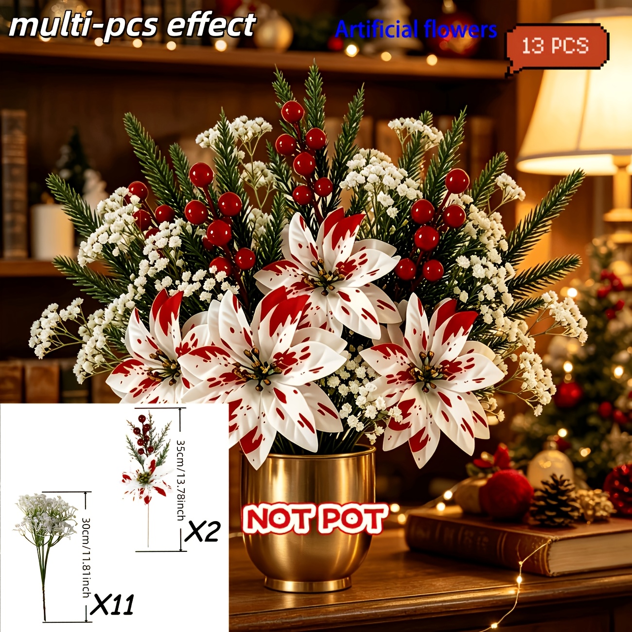 TEMU 13 pièces (11+2) Combinaison de fleurs artificielles de Noël blanches avec rouges et gypsophile, décoration florale artificielle d'extérieur,