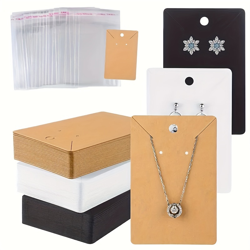 

200-piece Jewelry Display Set - Kraft Paper Earring & Necklace Cards In Brown, White, Black With Matching Opp Bags For Diy Crafts And Retail Pieceaging
