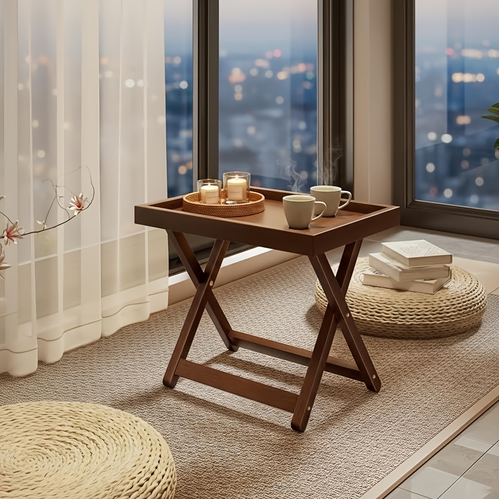 Foldable Side Table with Raised Edge Tray, X-Shaped Legs, Multi-Purpose Bedside & Sofa Table for Bedroom Living Room Bay Window