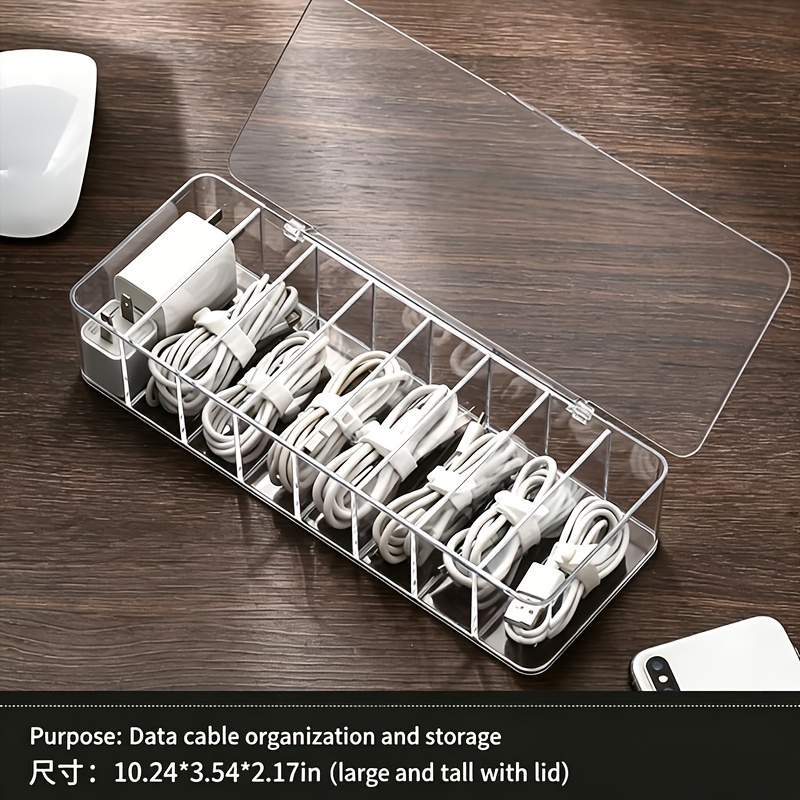 TEMU 8-compartment Cable Organizer, Large Capacity Transparent Data Cable Box, Dust-proof Acrylic Storage Box With Lid, Desktop Space, No Electricity