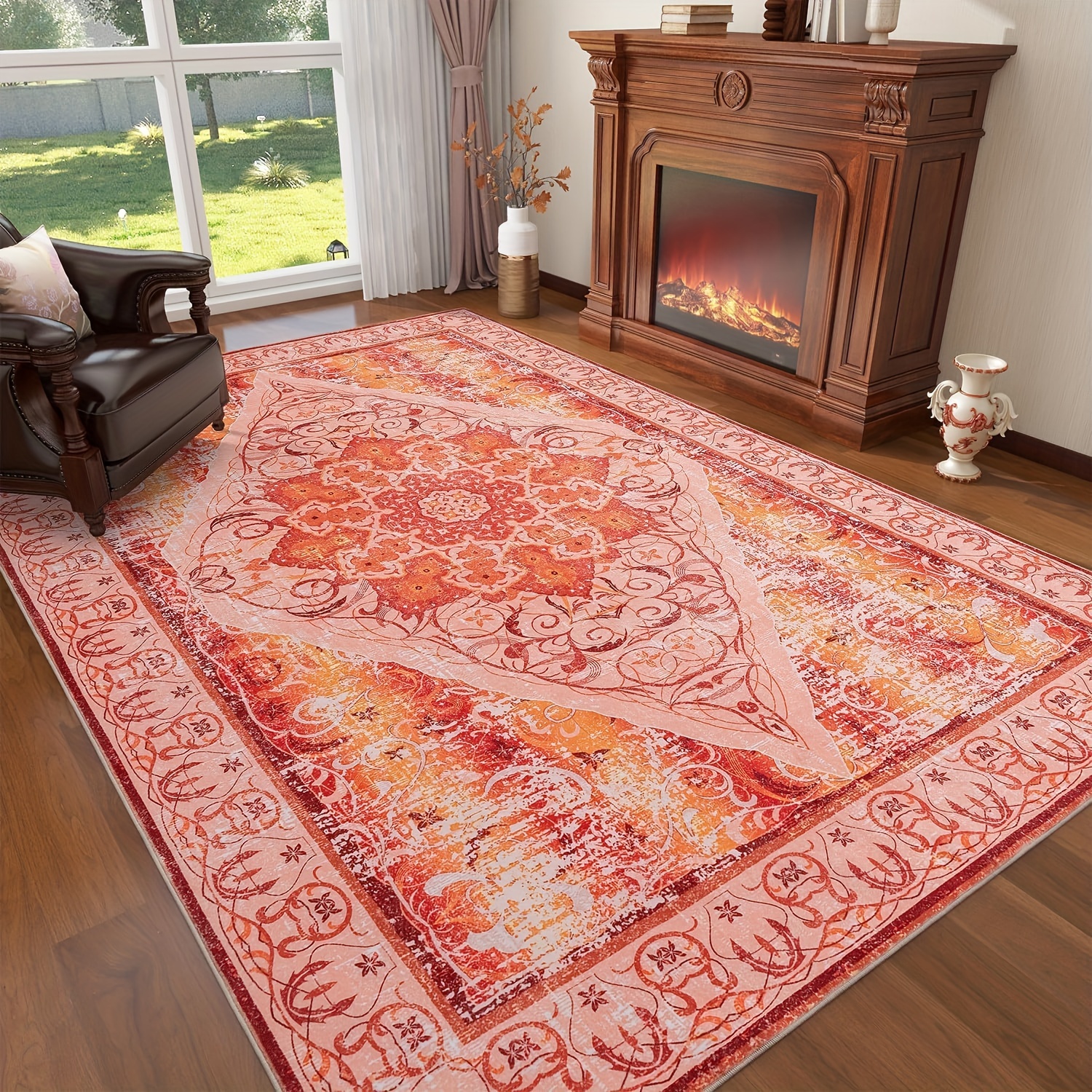 

Boho Area Rugs For Living Room - Washable Rugs, Ultra-thin Oriental Large Rugs, Red Print Distressed Rugs, Soft Non-shedding Indoor Non-slip Carpet For Bedroom Dining Room Farmhouse