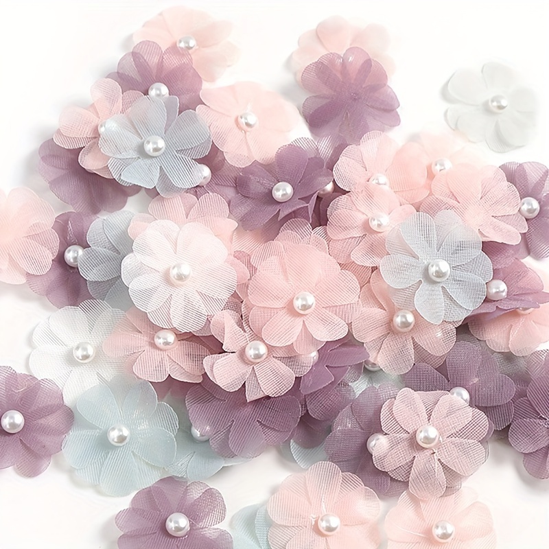 

24pcs Color Fabric Flower Appliqué With Pearls For Hair Accessories And Home Décor Crafts