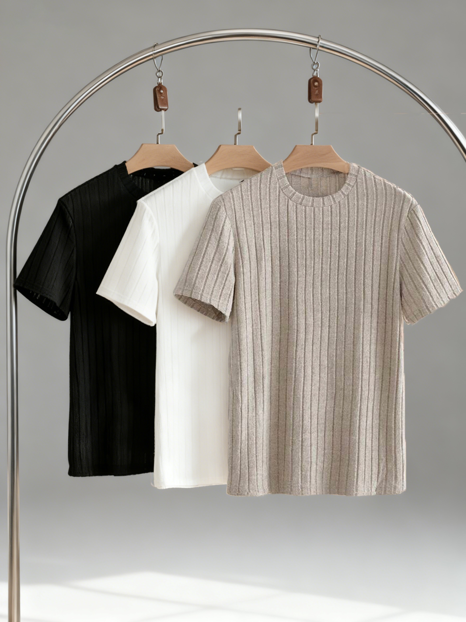 Men'S Casual Easy Style 3-Color Vertical Striped Knit Round Neck Short Sleeve T-Shirt 3pcs Set, Daily Commute Leisure Multi-Scene Outfit Top Combination