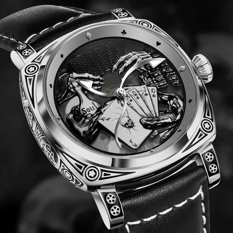 mens skeleton automatic watch vintage mechanical movement case with intricate engravings black dial roman stainless steel strap elegant for men luxury watch without battery Product details 7