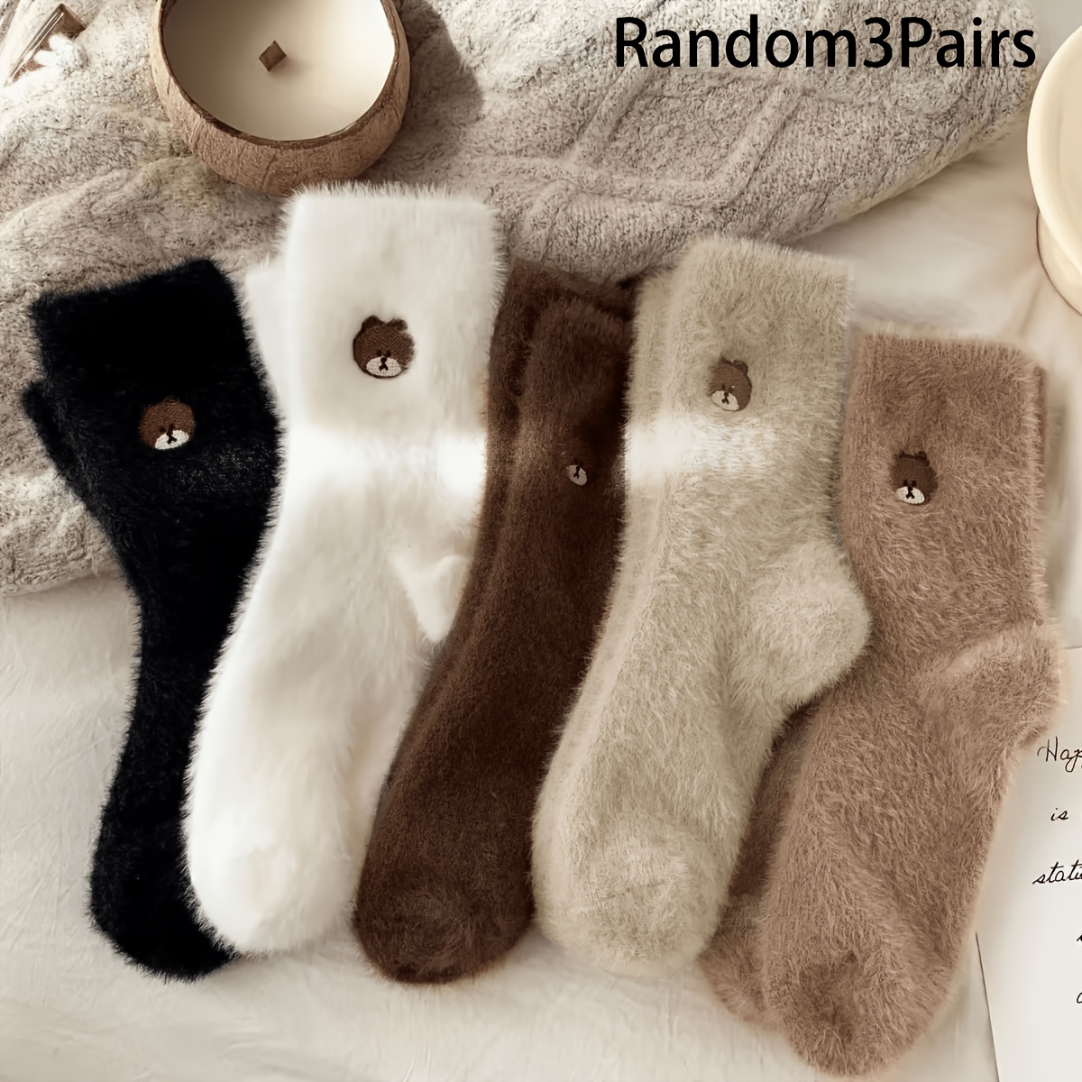 TEMU 3-pair Random Autumn/winter Cute Bear Embroidered Plush Socks, Thickened Warm Mid-calf Socks, Autumn/winter Cold-proof Maternity Floor Socks,