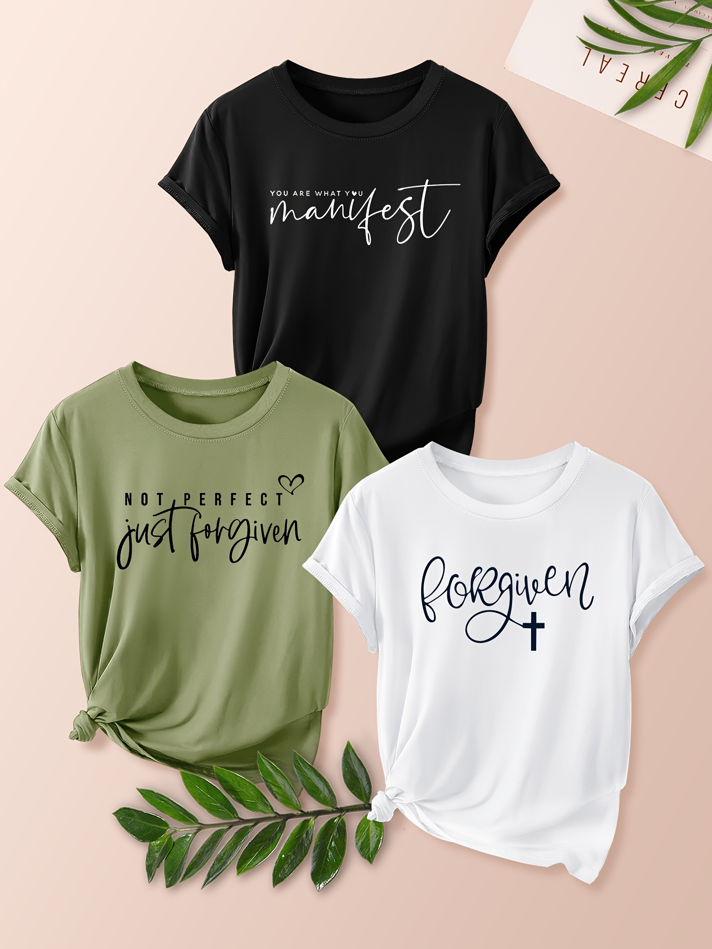 3pcs Camisetas Casuales para Mujer - Diseños con Citas Inspiradoras y  Símbolos, Cuello * * y Elástico de Manga Corta para * Verano Otoño,  Lavables a Máquina (Rosa * Naranja), Camisetas de Damas * * ..., image size:800x1067