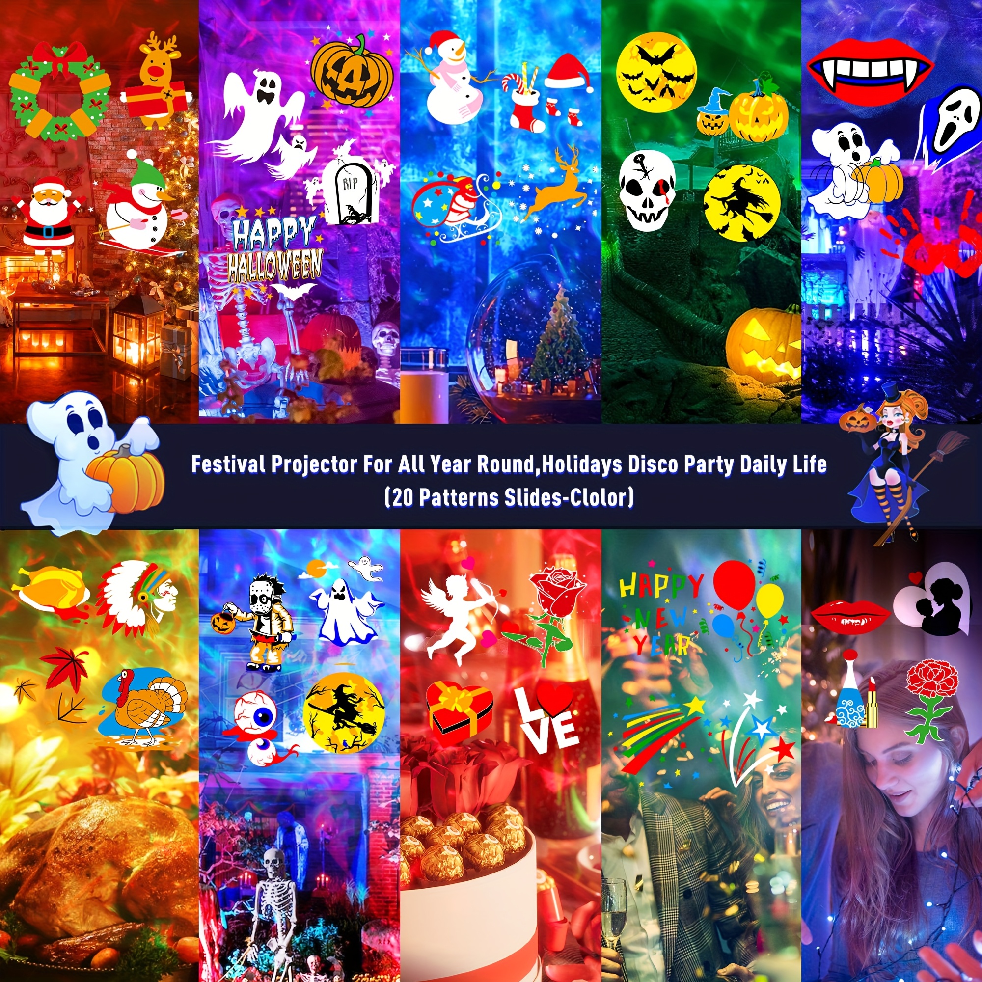 luces proyector de halloween y navidad para interiores,   tubo con 20 diapositivas, función temporizador, lámpara ola 3d para decoración     Detalles del producto 3