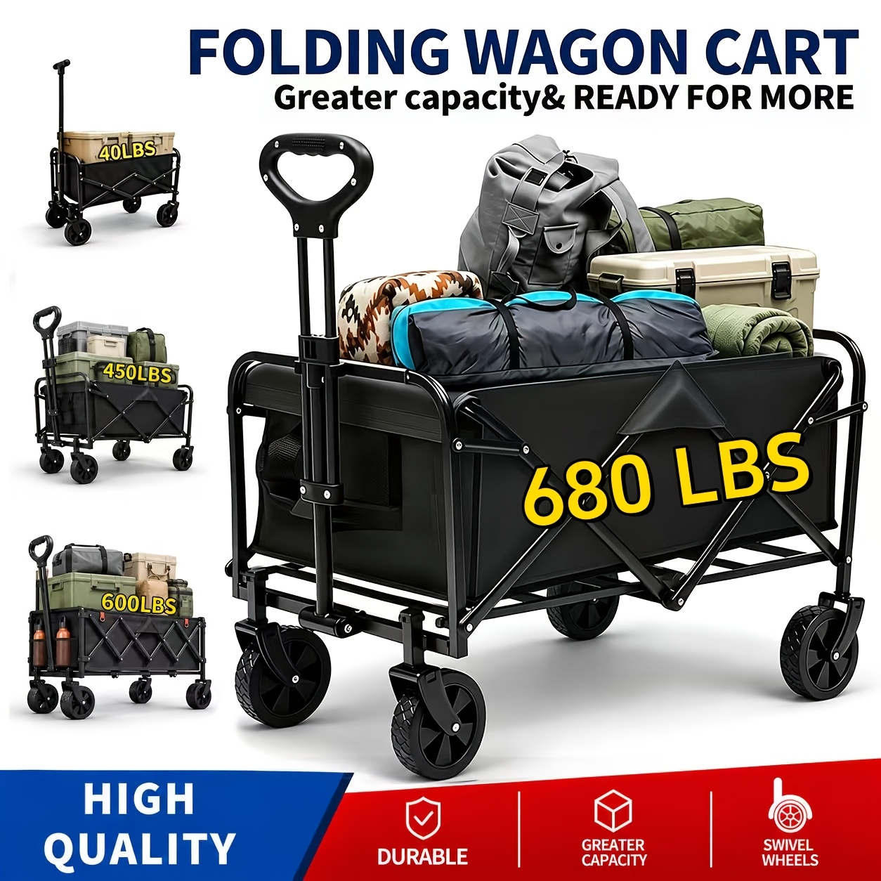 40 220 450 680 lbs capacity heavy duty all terrain folding cart stainless   and 600d oxford fabric foldable multi functional utility wagon suitable for camping gardening beach shopping no   black garden tool rack